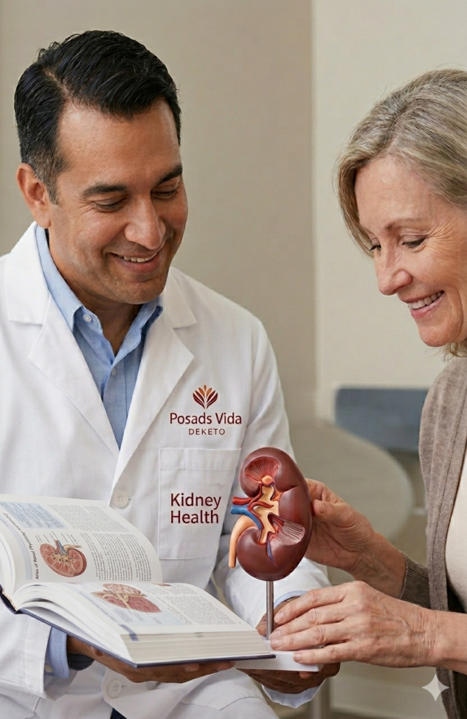 A smiling male doctor and a senior female patient holding an open medical book and examining an anatomical kidney model at a Posads Vida clinic.