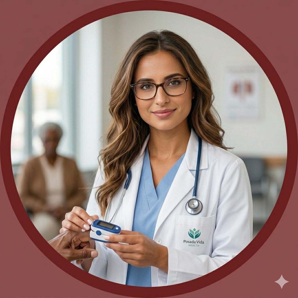 A professional female doctor wearing a white lab coat and stethoscope, smiling while checking a patient's vital signs with a pulse oximeter in a clinic.