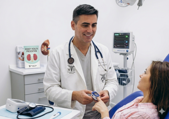 A male doctor smiling while using a pulse oximeter on a female patient's finger in a medical clinic setup with kidney health prevention materials.